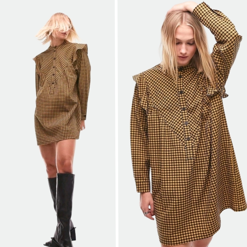 Topshop Black/Yellow Checkered Long Sleeve Ruffle Mini Dress Round Neck Size 8